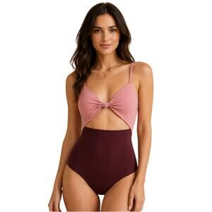 Visual Mood EVERLY Open-Front One Piece Swimsuit Pink Burgundy Colorblock XS